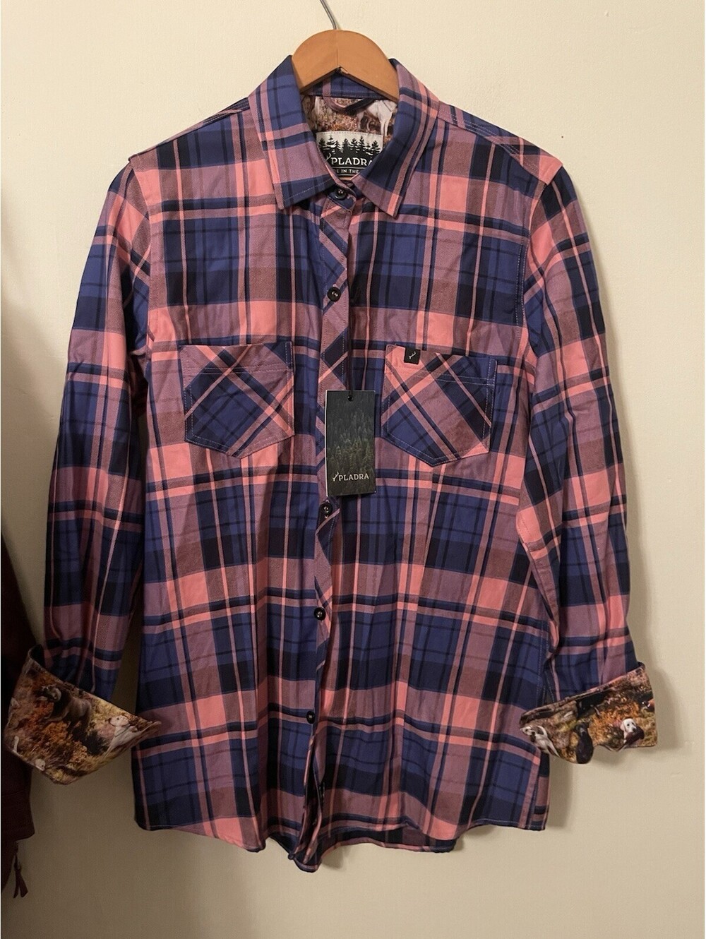 Pladra Flannel Shirt Men Pink Blue Plaid Labrador Dog Cuffs Medium M NEW